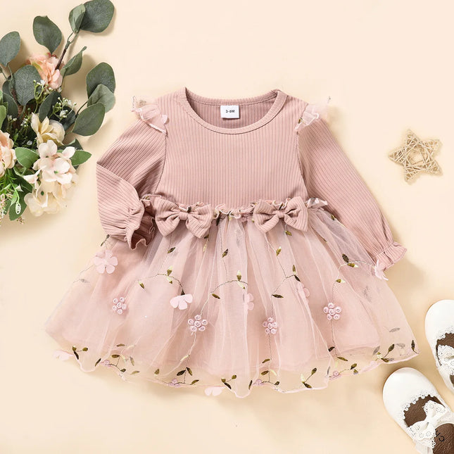New Single Piece Spring and Autumn Baby Girl Baby Pink Thin Long-Sleeved Princess Flower Mesh Dress