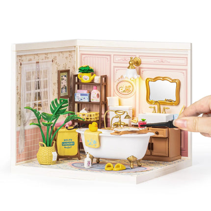 ROBOTIME DIY Miniature House Kit, Dollhouse Model Building Kit Birthday Creative Gifts for Adults, Kids (Pop Bubble Bathroom)