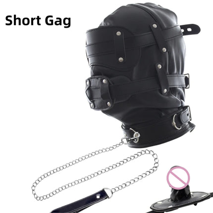 PU Leather BDSM Bondage Hood Sensory Deprivation Mask With Blindfold Removable Dildo Gag Lockable Head Harness Sex Toys  Couples