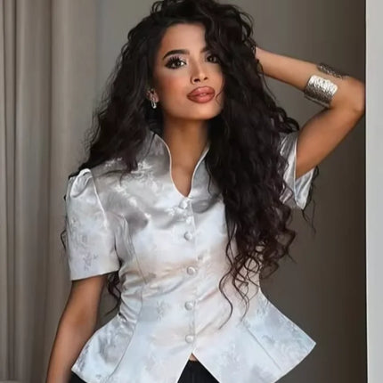 Solid Color Jacquard Glossy Satin Tops Women Chic Stand Collar Single Breasted Slim Fit Split Hem T-shirts Lady Daily Wear New