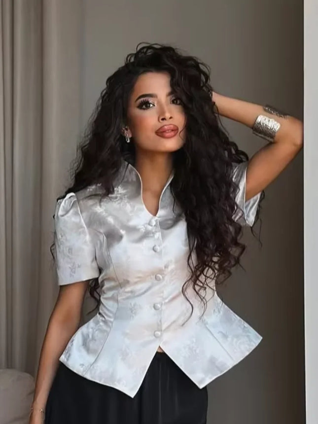 Solid Color Jacquard Glossy Satin Tops Women Chic Stand Collar Single Breasted Slim Fit Split Hem T-shirts Lady Daily Wear New