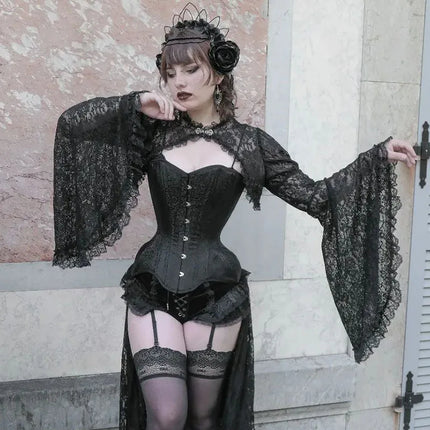 Women's Hollow Out Crop Tops Chic Gothic Lace Smock Tops False Collar Ladies Flare Sleeves Cover-Ups for Dating Party