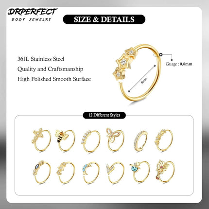 Drperfect 1Pc 20G Nose Rings Hoop for Women Men Surgical Stainless Steel Dangle Nose Ring Cartilage Earring Piercing Jewelry