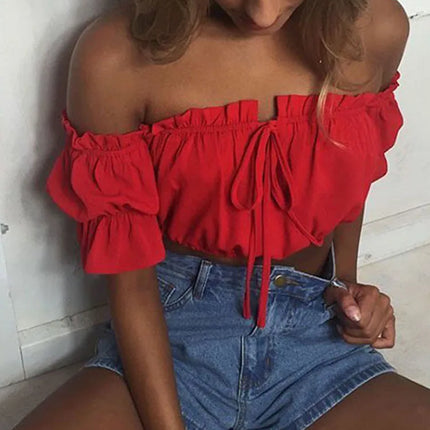 Women's Crop Tops 2024 Summer Lantern Sleeve Sexy Strapless Beach Tops Plus Size Red Black White Ruched Crop Top