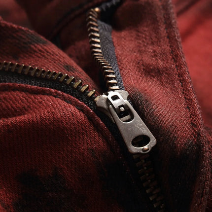 Men's Burgundy Jeans in Asian Sizes, Black Printed Stretch Denim Pants, Stylish Slim-fit Trousers. 28-42
