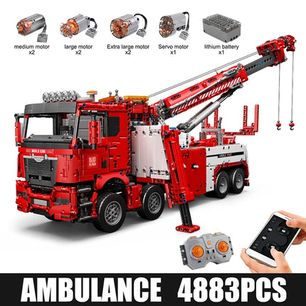 8x8 Road Rescue Truck Crane Building Blocks 4883Pcs Technical Motorized Assembly Bricks Toys For Kids Gifts