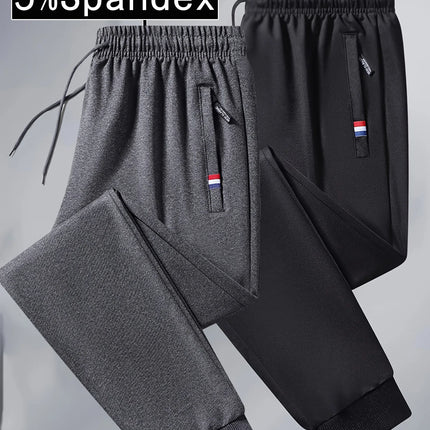 2-piece Black Pants Autumn Men's Stretch Belt Zipper Pocket Jogging Elastic Cotton Fitness Sport Suitable Gym Hiking Daily Wear