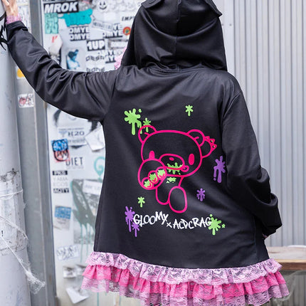 Spring Autumn Japanese Y2K Subculture Coat Women's Long Sleeve Lace Cartoon Bear Hoodie Fashion Harajuku Punk Loose Coat Kawaii