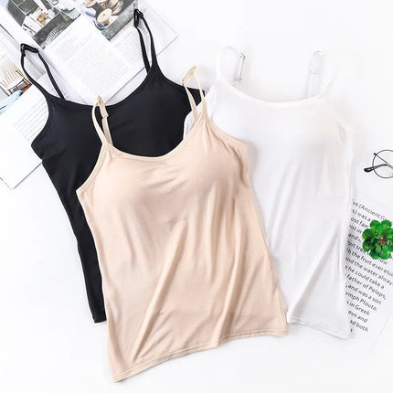 2020 Women Solid Tank Tops Adjustable Strap Built In Cup Padded Wireless Camisole Camis Vest Female Home Basic Tank Top
