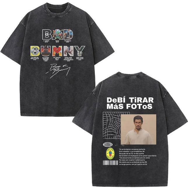Washed Vintage Rapper Bad Bunny T-shirt Debi Tirar Mas Fotos DTMF Album 2025 T Shirts Men Women Hip Hop Oversized T-shirts Tops