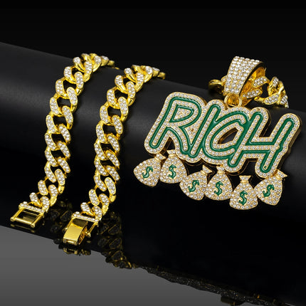 Hip Hop Men Women Become Rich Money Bag Pendant Necklace，With 13mm Miami Cuban Link Chain Necklaces Trendy Dollar Sign Neck Wear