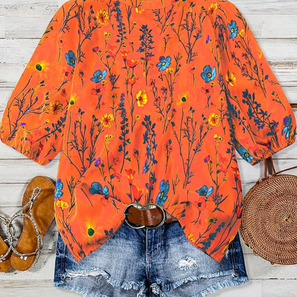 Plus Size 1XL-5XL Autumn Women's Fashion Floral V-Neck Bishop Sleeve Blouse Ladies Flower Print Elegant Casual Shirt