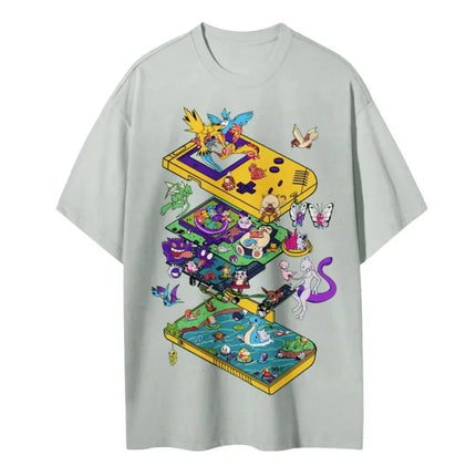 2026 Summer Pokemon Retro Game Console Cartoon Print T-Shirt, 100% Cotton Loose Couple & Family Tee for Travel Game & Sports