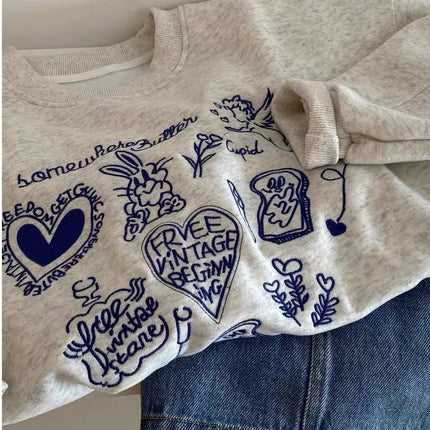 Korean Style Long Sleeve round Neck Fleece Lined Embroidered Sweatshirt Women's Fashionable Casual Crew Neck Pullover Top