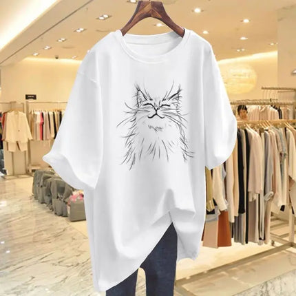 Women Fashion Cat Animal Printing T-shirt Summer Cotton O-Neck Short Sleeve Basic Top Tee Office Lady Casual Loose Pullover M-6XL