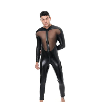 Imitation Leather Jumpsuits Men Sexy See Through Mesh Bodysuits Gay Erotic Lingerie Club Party Wear Playsuits Performance Onesie
