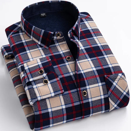 Thickened Fleece Men's Casual Shirt Warm Plaid Set Winter Wear Comfortable Breathable Fashionable Chinese Brand Clothing