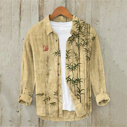 Men's Long Sleeve Shirt Japanese Fashion Art Bamboo Illustration High Quality Large Size Men's Clothing