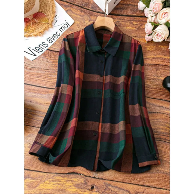 2025Plus Size Vintage Color Block Shirt:Contrast Notch Collar Button-Down Blouse with Long Sleeves for Retro Office Casual Style