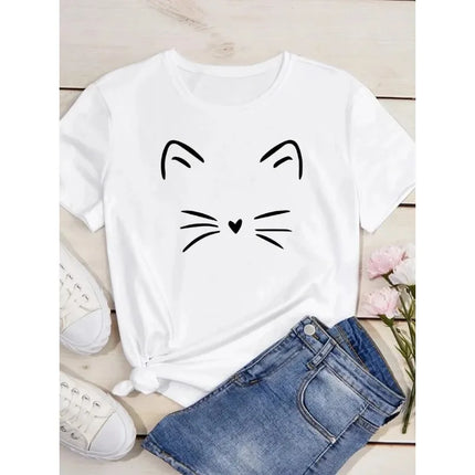 Pure Cotton Breathable Children's T-shirt 2026 Fun Cat Cartoon Print Fashionable Parent-child Outfit Men's and Women's Top