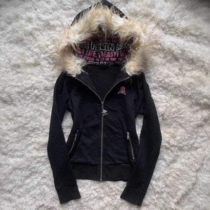 Gothic Style Zipper Hoodie Women's Long Sleeve Cardigan Printed Letter Fur Collar Design Street Trend Polyester Fabric Coat