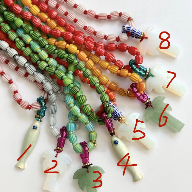 Nepal Style Glass Beads Spacial Print Lampwork Beads Necklace Handmade with Fish Coconut Tree