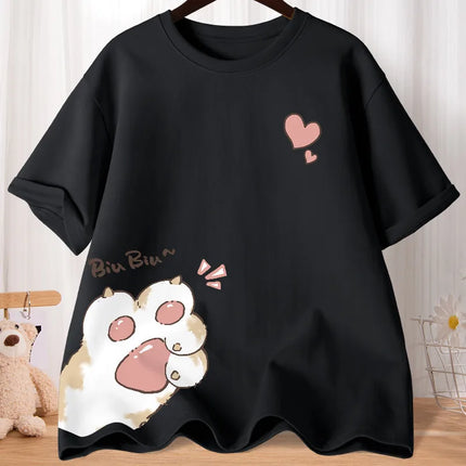 Summer Cartoon Cute Sweet Cat Claw Love Printed Short Sleeve T-shirt Women's Loose Youth Student Half Sleeve Oversized Shirt Top