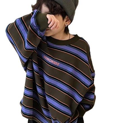 Boys Long Sleeved T-shirt for Spring and Autumn Korean Version Loose Casual Striped Top Mid Size Childrens Autumn Outfit