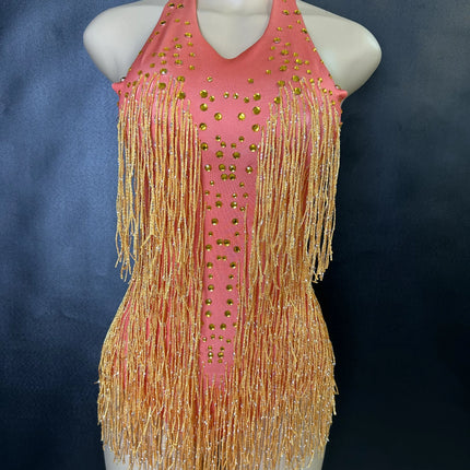 Sparkly Rhinestones Fringe Bodysuit WomenVightclub Party Dance Costume Stage Wear SexyTassel Leotard Performance Clothing G7