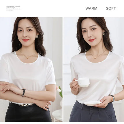 Summer High-End Women's Short Sleeve T-Shirt Acetate Fabric Knitted European Style Thin Hot Selling Top for Ladies