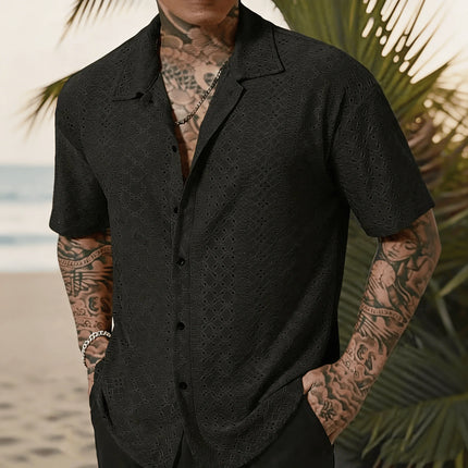 Men's Vacation Casual Style Knitted Geometric Striped Crochet Textured Jacquard Loose Short-Sleeve Shirt Hawaiian Beach Shirts