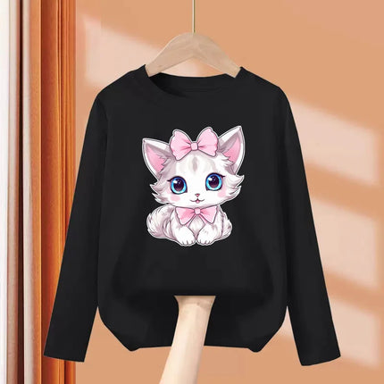 2024 Cute Bow Cat Dress Baby Girl Long Sleeved T-shirt Cartoon Kitty Cotton Tops Girls Spring Leisure Tees 3-14 Age