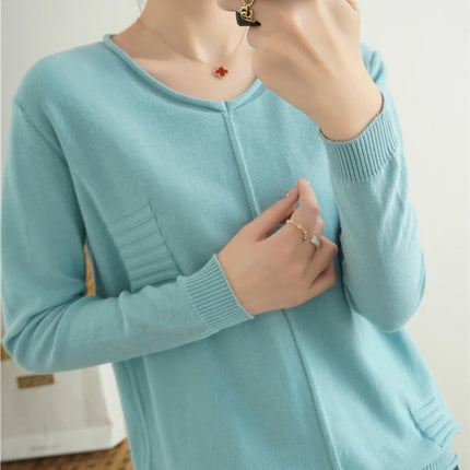 2023 Autumn/Winter Women's New Pullover Casual Solid 100% Cotton Knitted V-Neck Loose Sweater Fashion Soft Breathable Top