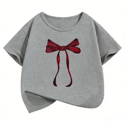 Y2k Red Bow Design Printed Funny T Shirts Graphic Kids Short Sleeve T-shirt Boys Girls Summer Spring Casual Top Tee Shirt