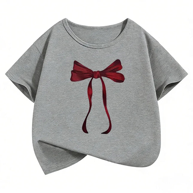 Y2k Red Bow Design Printed Funny T Shirts Graphic Kids Short Sleeve 's T-shirt Boys Girls Summer Spring Casual Top Tee Shirt