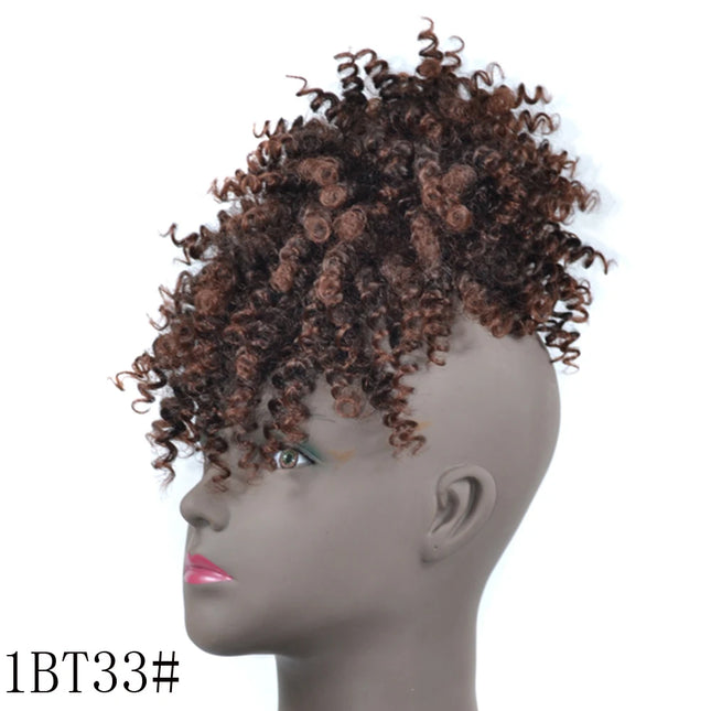Afro Puff Bun Drawstring Ponytail with Bangs Black Kinky Curly Ponytail Synthetic Updo Hairpiece Wigs For Ladies Women