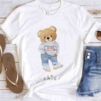 Women's Cute Bear Graphic T-shirt Short-Sleeved Clothes Women's Print T-shirt Summer 90s Fashion Style Women's Fashion T-shirt