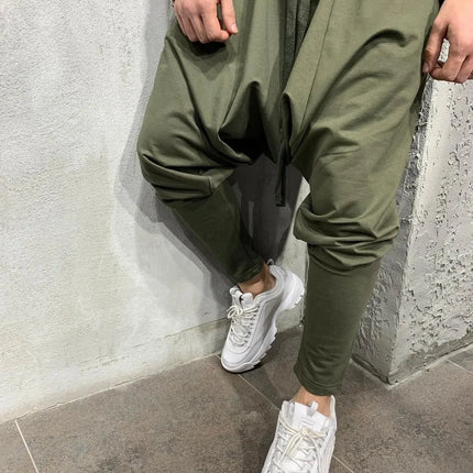 Men's Black Dropped Crotch Harem Pants Streetwear Hip Hop Drawstring Casual Trousers Slim Fit Elastic Ankle Joggers Black