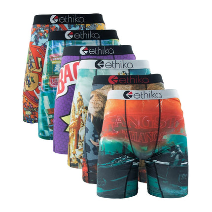 ETHIKA 6Pcs Men Underwear Boxer Breathable Mesh Crotch Man Underpants Plus Size Print Mens Panties Trunks Sexy Men's Boxershorts