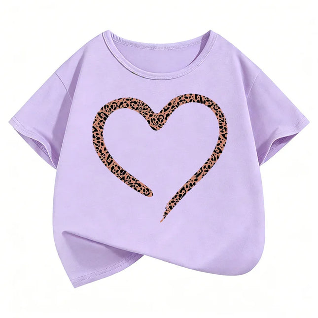 Love Heart Leopard Print Fashion T Shirts Y2k Kids Children's T-shirt Boys Girls Summer Spring Casual Top Tee Shirt