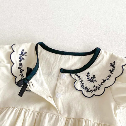 Baby Summer Embroidered Lapel Short Sleeve Triangle Jumpsuit Girl Baby Sweet Cute Jumpsuit with Bow for Summer Toddlers and Baby