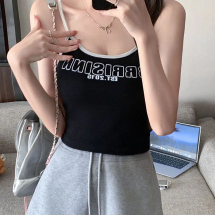 Summer Outdoor Svel Design Sensation Spicy Girl Top American Retro Color Collision Letter Print Strap Vest Women