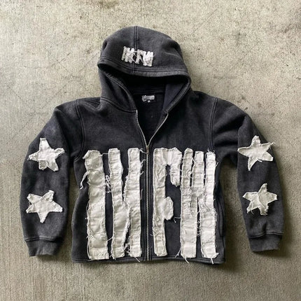 star pattern patchwork sweater letters long-sleeved pullover hoodie loose and fashionable trendy original street style vintage