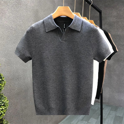 Men's Polo Neck Short Sleeve Knitted Sweater Slim Fit Summer Fashion Turn-down Collar Base Shirt Casual Style Pure Color