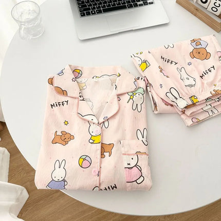 Kawaii Miffy Rabbit Pajamas for Girls Spring and Autumn Cloud Cotton Long-sleeved Pants Set Cute Cartoon Home Wear for Students