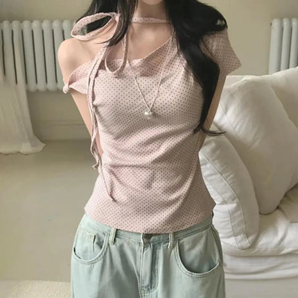 Women's Polka Dot Backless Halter Top Knot Slim Fit Short Sleeve Casual Streetwear Sexy Fashion Tee Top
