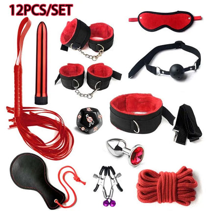 Erotic BDSM Kits for Couples - Sex Bondage Set with Handcuffs Gag Whip Nipple Clamps Anal Butt Plug Tail - Adult Toys for Women