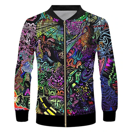 Psychedelic Graphic Jacket Pop 3D Printed Zipper Jacket Unisex Casual Overcoat Loose Plus Size Zip Up Coat Outdoor Sportwear Top
