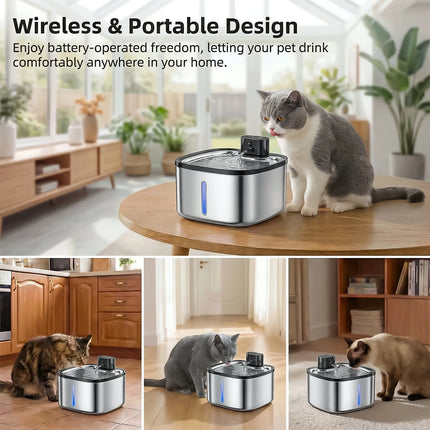 3.5L Cat Water Dispenser Stainless Steel Wireless Smart Pet Water Feeder 4000mAh Rechargeable with window Cat Water Fountain