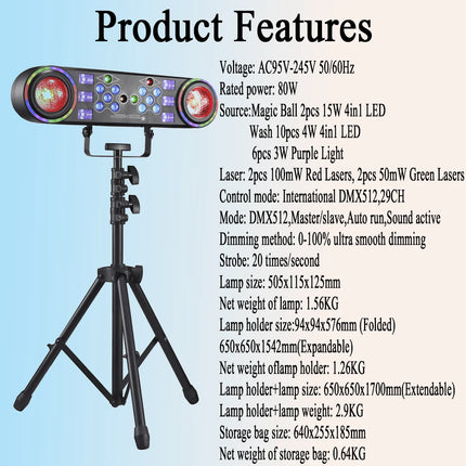 80W Dj Lights with Stand,7 in 1 Party Light Dj Disco Lights Sound Activated DMX with Rotating Ball,Strobe,Colorful Effect